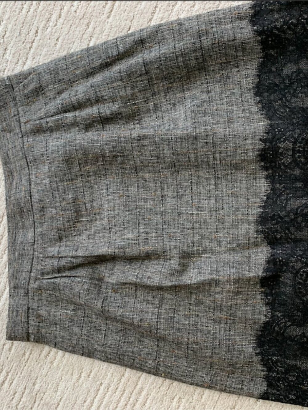 Classiques Entier Gray Textured Tweed Black Lace Trim A-Line Skirt 12